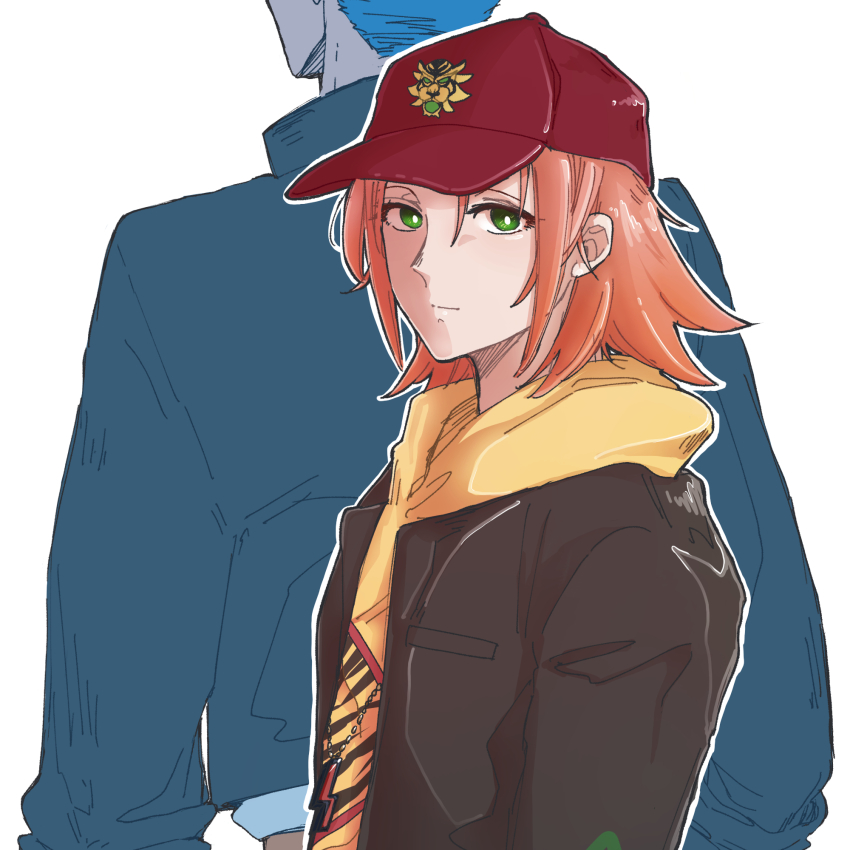 2boys, baseball_cap, black_jacket, blue_hair, bucchigiri?!, green_eyes, hagure_tatsuto, hat