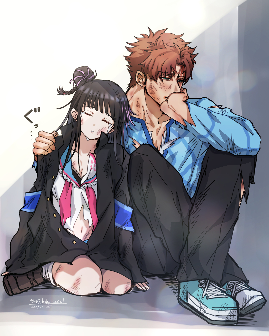 1boy, 1girl, arm_around_shoulder, asamine_matakara, black_hair, black_jacket, black_pants, bluesky_username