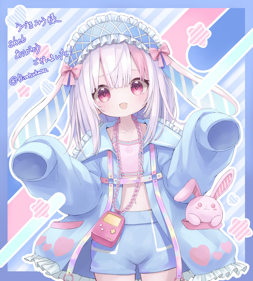 1girl, :d, absurdres, animal_ears, bow, child, grey_hair, hair_bow, highres, hiratsuka_nichoume, long_sleeves, multicolored_hair, open_mouth, original, pink_bow, pink_hair, rabbit, rabbit_ears, red_eyes, sleeves_past_fingers, sleeves_past_wrists, smile, uzuki_miu, virtual_youtuber, white_hair
