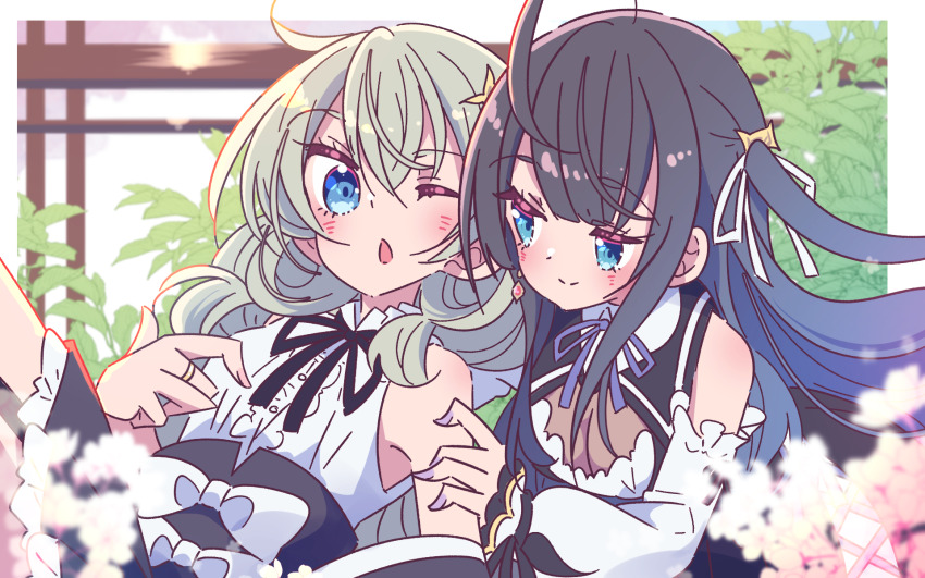 2girls, assault_lily, bare_shoulders, behind_another, black_hair, black_skirt, blue_eyes, blue_hair