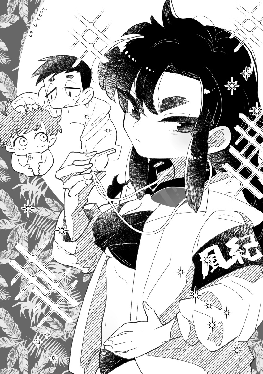 1girl, 2boys, absurdres, armband, bikini, character_request, facial_scar, greyscale, hand_on_own_hip, highres, holding, holding_phone, hood, hood_down, houkago_himitsu_club, jacket, kurobara_angelica, long_hair, mizukiebiebi, monochrome, multiple_boys, phone, scar, scar_on_cheek, scar_on_face, sidelocks, sparkle, swimsuit, thick_eyebrows, whistle