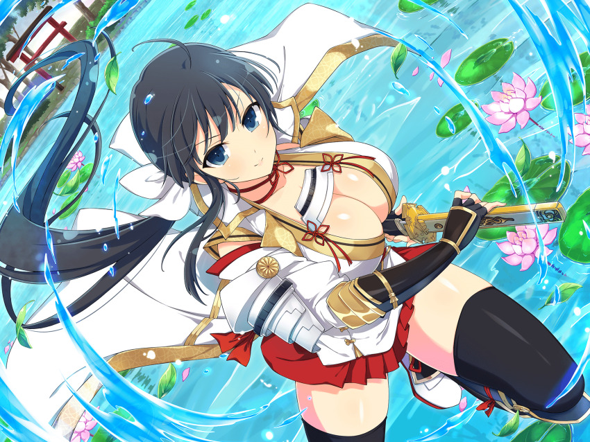 1girl, afloat, ahoge, architecture, armor, black_hair, black_thighhighs, blue_eyes