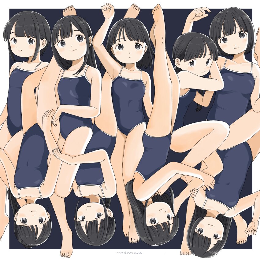 6+girls, absurdres, arm_up, armpits, barefoot, black_eyes, black_hair, blue_one-piece_swimsuit