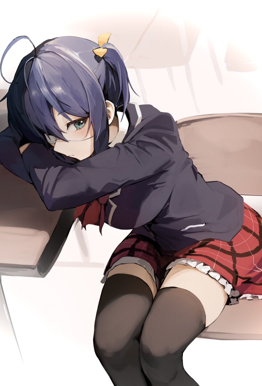 1girl, ahoge, black_hair, black_thighhighs, blue_eyes, blue_hair, blush, bow