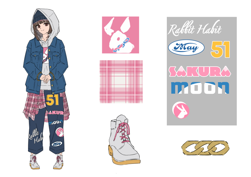 1girl, 8_mile_(movie), absurdres, alternate_costume, animal_print, beanie, blue_jacket, blue_pants, breast_pocket, brown_eyes, brown_hair, clothes_around_waist, clothes_writing, commentary_request, denim, denim_jacket, full_body, grey_hat, hat, highres, hood, hood_up, hoodie, jacket, long_sleeves, looking_at_viewer, natsugu72, open_clothes, open_jacket, own_hands_together, pants, pants_under_skirt, pink_shirt, plaid_clothes, plaid_shirt, pocket, print_pants, print_shirt, rabbit_print, reference_sheet, reverse:1999, satsuki_(reverse:1999), shirt, shoes, short_hair, smile, sneakers, solo, standing, white_background, white_shirt, white_shoes, wrist_chain