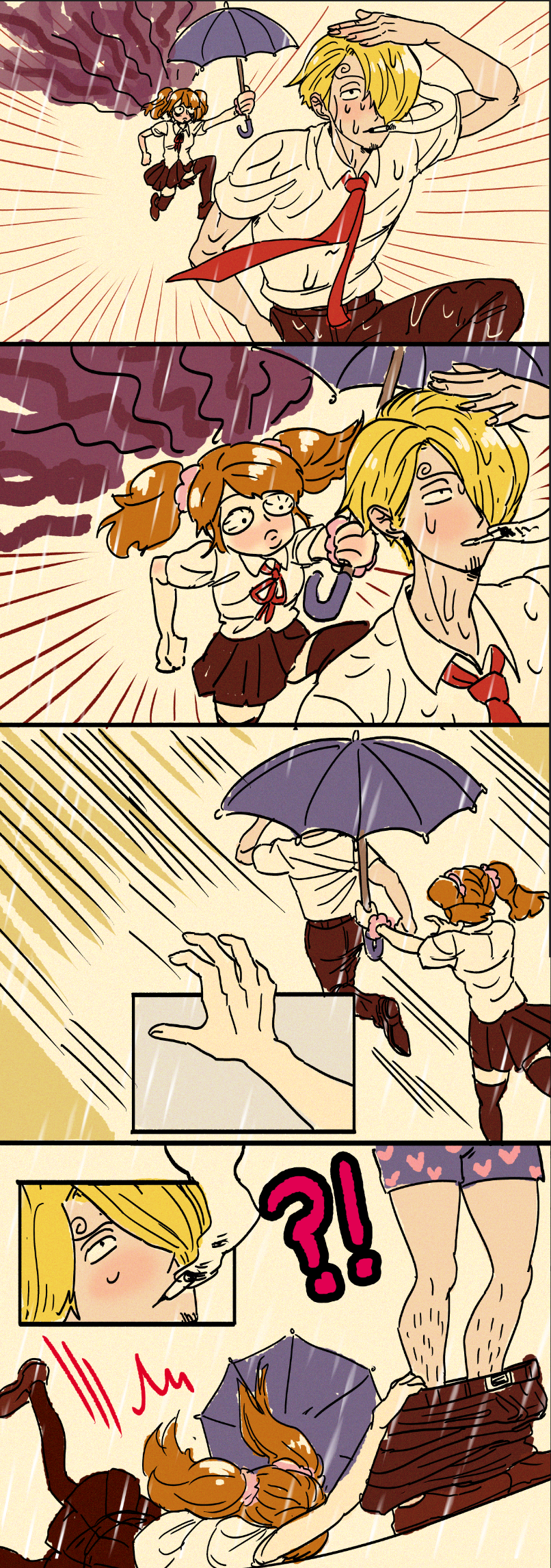 !?, 1boy, 1girl, accidental_undressing, alternate_costume, blonde_hair, bloodshot_eyes, boxers, brown_footwear, brown_hair, brown_pants, brown_skirt, brown_thighhighs, charlotte_pudding, cigarette, clenched_hand, curly_eyebrows, facial_hair, hair_ornament, hair_over_one_eye, hair_scrunchie, heart, heart_print, highres, male_underwear, mouth_hold, one_piece, outdoors, pants, pink_scrunchie, pursed_lips, rain, reaching, rita_ya, running, sanji_(one_piece), school_uniform, scrunchie, short_sleeves, short_twintails, skirt, smoking, stubble, thighhighs, tripping, twintails, umbrella, underwear, wet