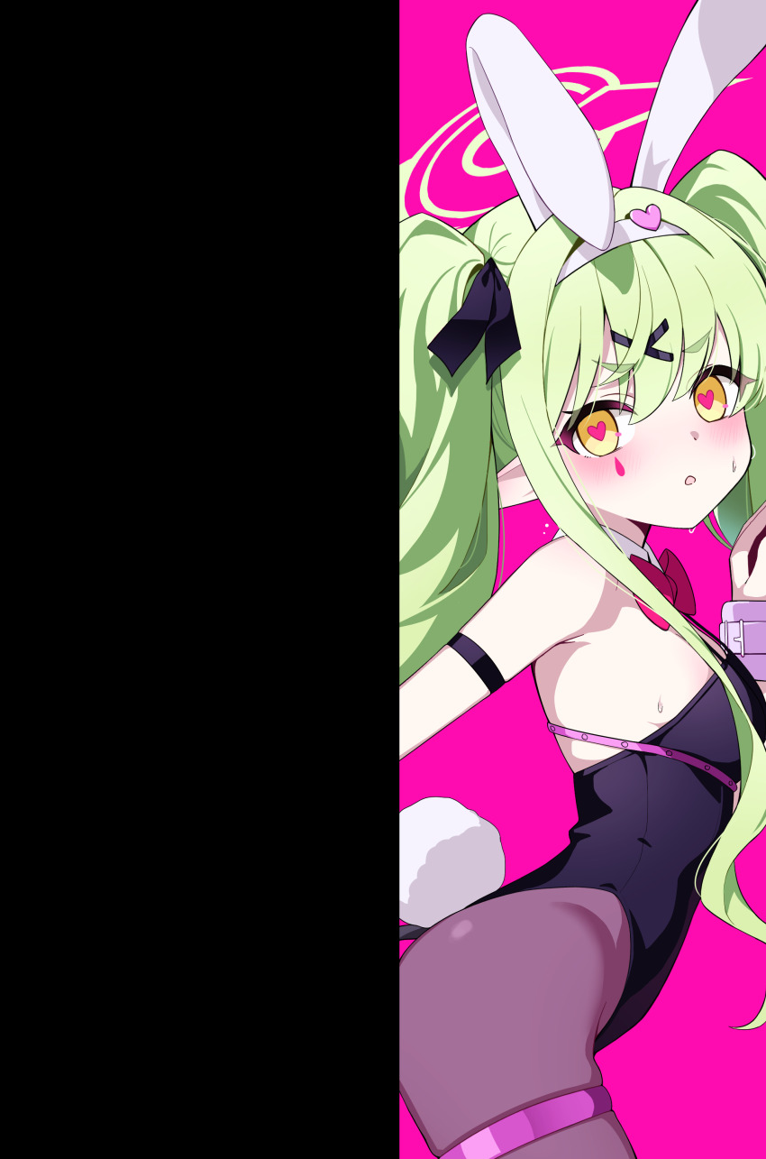 1girl, absurdres, animal_ears, arched_back, arm_behind_back, arm_strap, backless_leotard, bare_shoulders, black_leotard, blue_archive, blush, breasts, cosplay, detached_collar, from_side, green_halo, grey_hair, hair_between_eyes, hair_ornament, hairband, halo, hand_up, hatsune_miku, hatsune_miku_(cosplay), heart, heart-shaped_pupils, heart_hair_ornament, highres, hikari_(blue_archive), leotard, long_hair, looking_at_viewer, looking_back, momip, open_mouth, pantyhose, parted_lips, rabbit_ears, rabbit_girl, rabbit_hole_(vocaloid), rabbit_tail, skindentation, small_breasts, solo, symbol-shaped_pupils, tail, thigh_strap, twintails, very_long_hair, vocaloid, white_hairband, x_hair_ornament, yellow_eyes