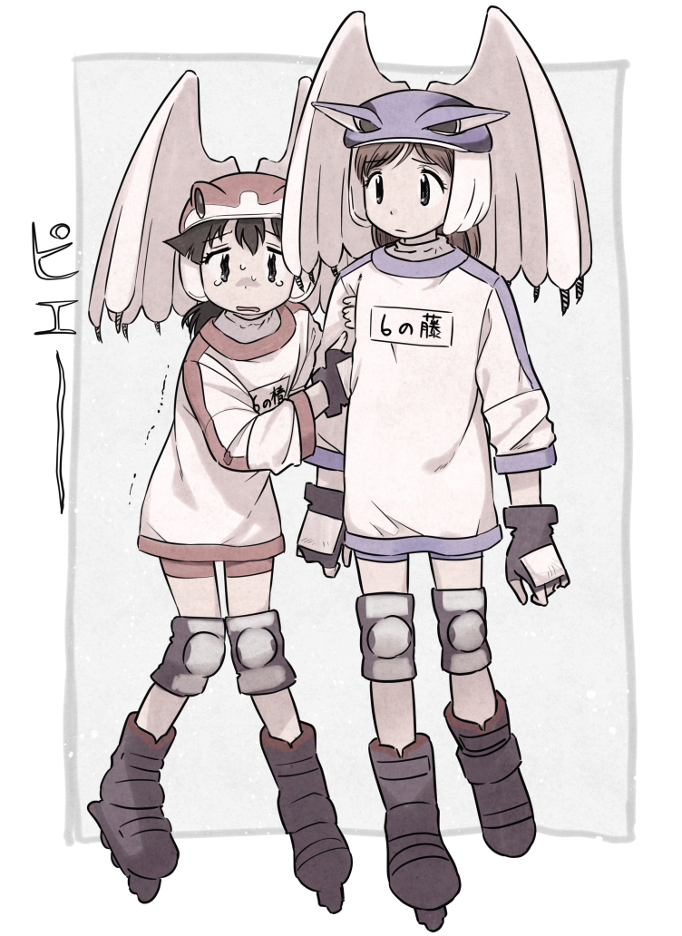 2girls, alien_nine, arm_hug, arms_at_sides, bike_shorts, black_eyes, black_hair, border
