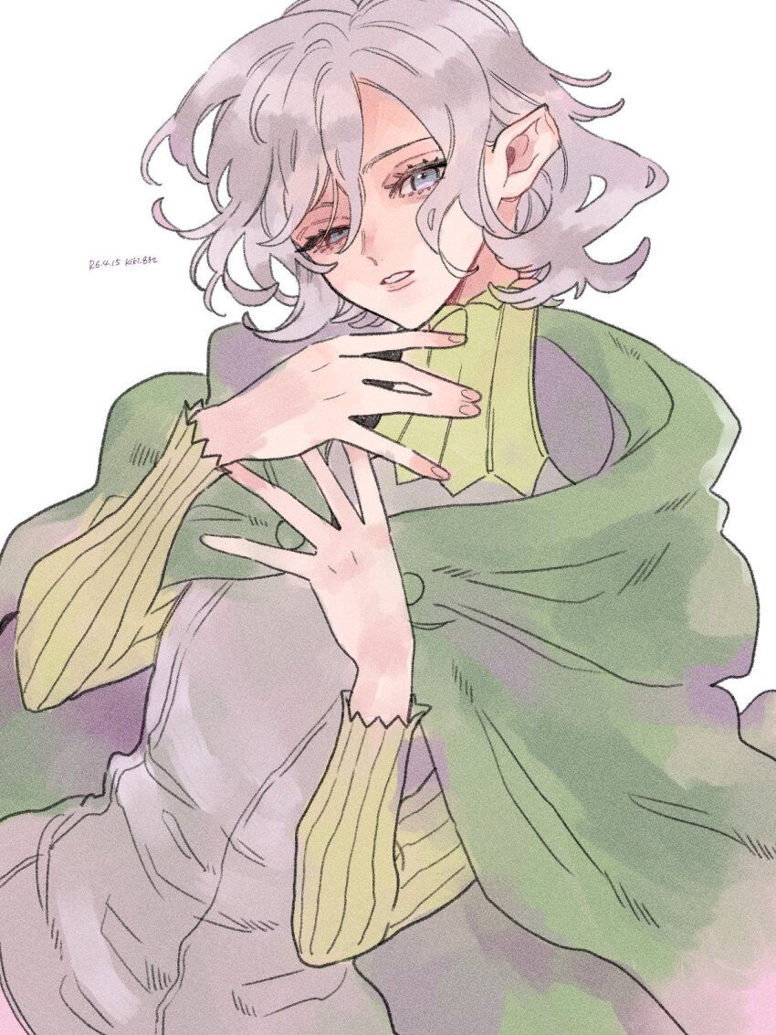 1boy, androgynous, bodysuit, cloak, commentary, dungeon_meshi, ei_(gibeon), elf