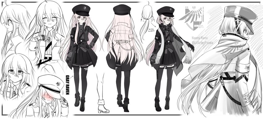 1girl, absurdres, artist_name, black_hat, black_jacket, black_shirt, black_skirt, black_thighhighs, cape, commandant_(pgr), dog_tags, greyscale, hair_between_eyes, hat, highres, jacket, long_hair, long_sleeves, military_hat, military_jacket, military_uniform, monochrome, naomi_nami, partially_colored, peaked_cap, pink_eyes, pink_hair, pleated_skirt, punishing:_gray_raven, scarf, shirt, sidelocks, skirt, thighhighs, twitter_username