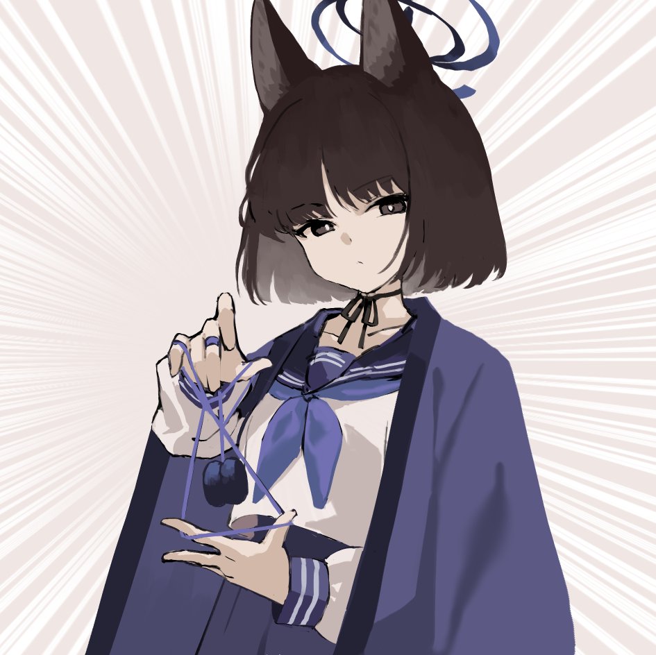 1girl, black_choker, black_eyes, black_hair, blue_archive, blue_hair, blue_neckerchief, blue_sailor_collar