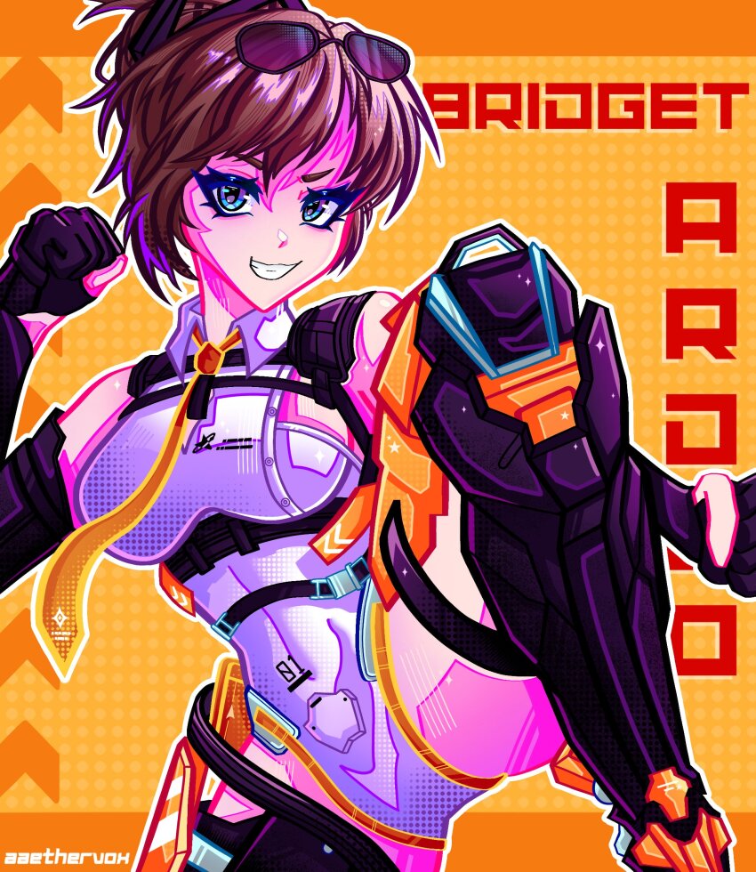1girl, aaethervox, absurdres, black_gloves, blue_eyes, bodysuit, breasts, bridget:_ardeo_(pgr), bridget_(pgr), brown_hair, character_name, collared_bodysuit, elbow_gloves, eyewear_on_head, gloves, highres, mechanical_legs, medium_breasts, necktie, orange_necktie, partially_fingerless_gloves, punishing:_gray_raven, short_hair, solo, white_bodysuit