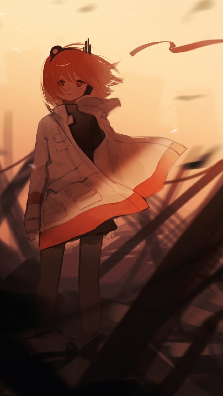 1girl, a.i._voice, adachi_rei, arms_at_sides, black_shirt, blurry, blurry_foreground, closed_mouth