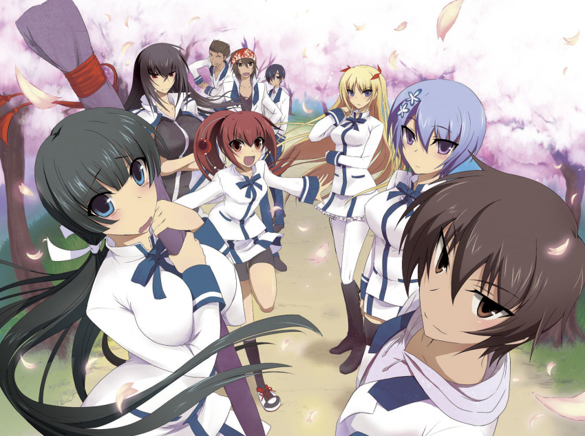 4boys, 5girls, bad_id, bad_pixiv_id, bandana, black_hair, blonde_hair, blue_eyes