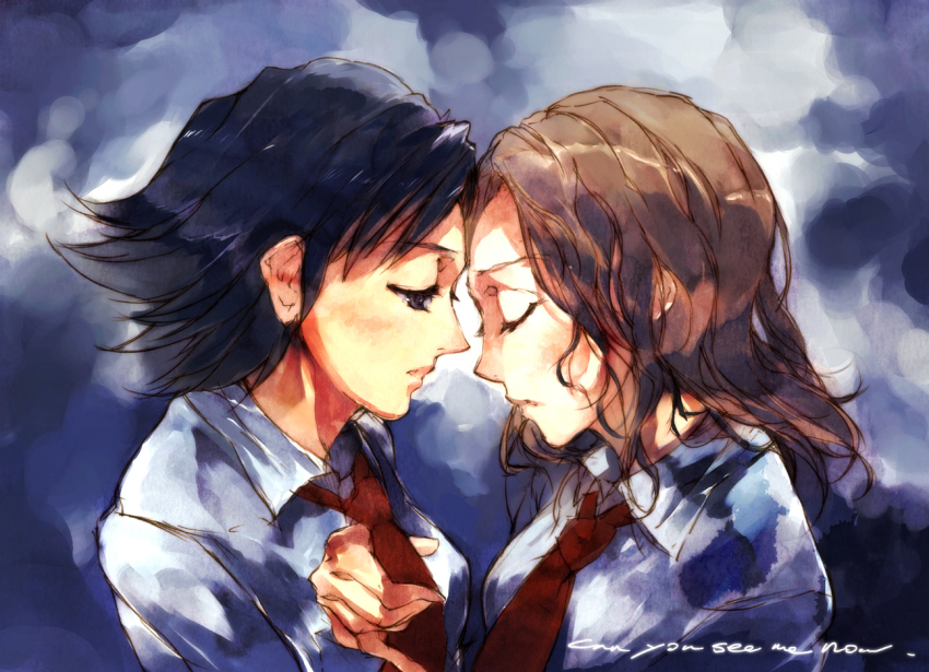 2girls, black_hair, brown_hair, closed_eyes, elena_sergeevna_katina, english_text, kitano_yuusuke, medium_hair