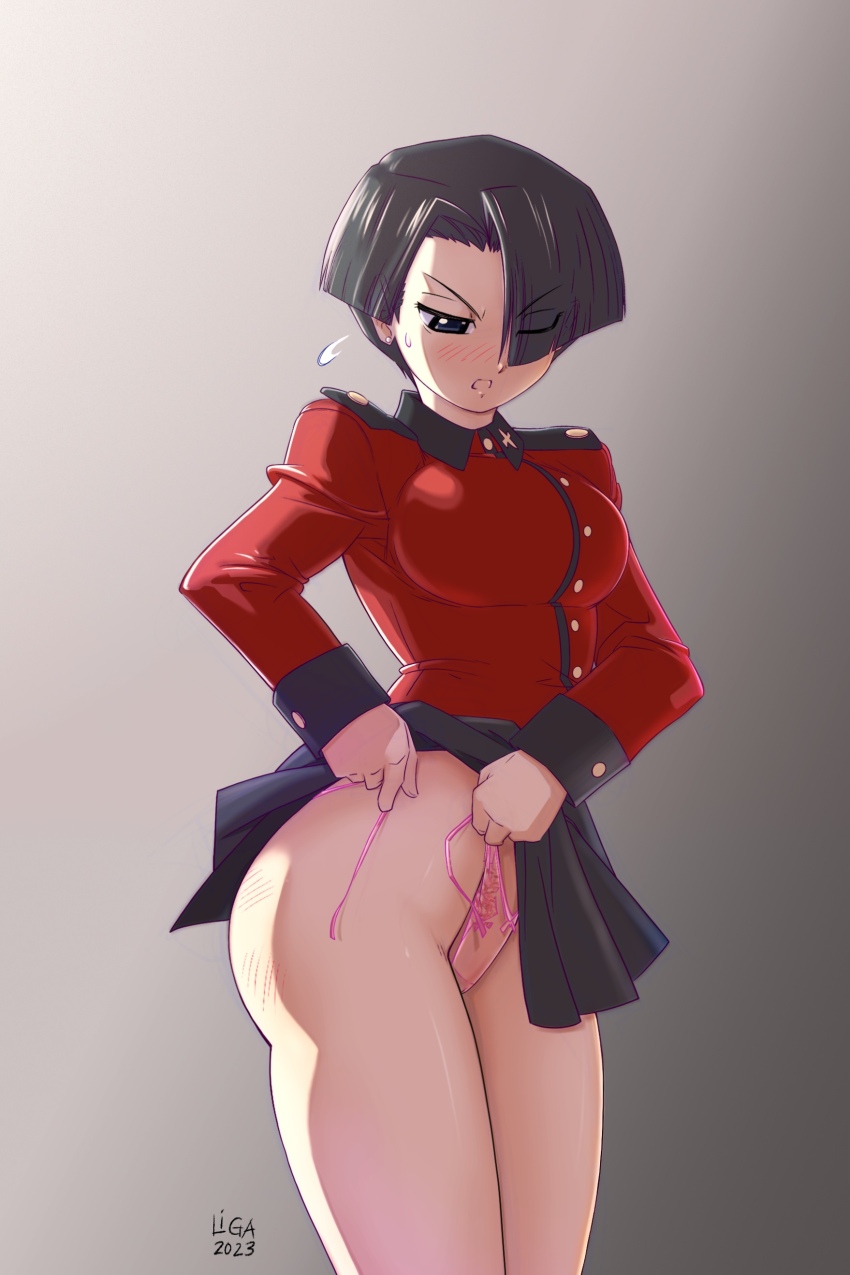 1girl, absurdres, artist_name, black_hair, black_skirt, blush, clothes_lift, commentary