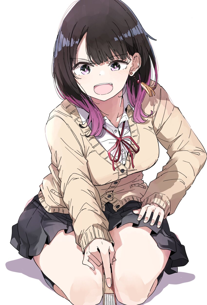 1girl, :d, akane-banashi, brown_cardigan, cardigan, dress_shirt, earrings, hand_fan, hand_on_own_hip, highres, holding, holding_fan, jewelry, kneehighs, looking_at_viewer, nyoijizai, open_mouth, osaki_akane_(akane-banashi), school_uniform, seiza, shirt, simple_background, single_earring, sitting, smile, socks, solo, tassel, tassel_earrings, teeth, upper_teeth_only, white_background, white_shirt