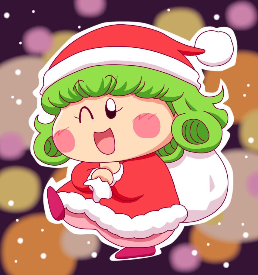 1girl, ;d, blunt_bangs, blush_stickers, commentary_request, dress, green_hair, hat
