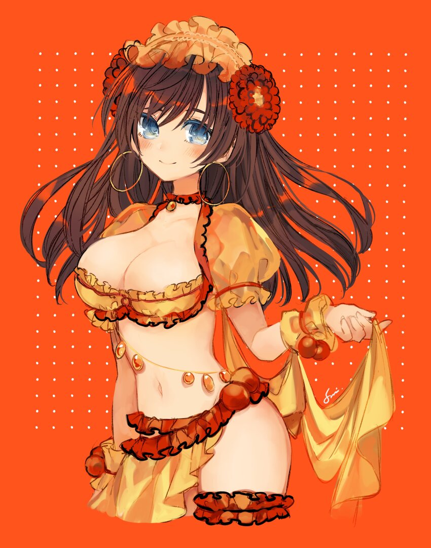 1girl, absurdres, breasts, brown_hair, cleavage, cropped_legs, dancer, earrings