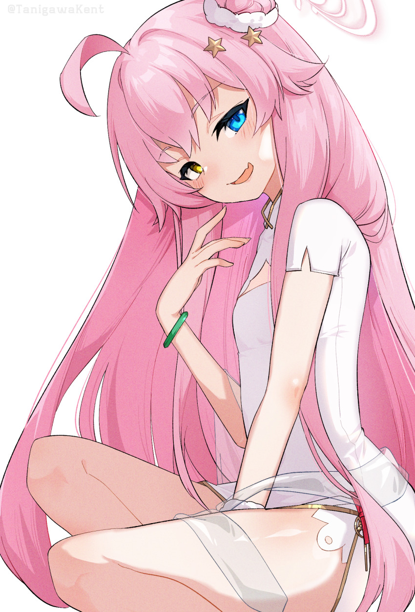 1girl, ahoge, blue_archive, blue_eyes, blush, china_dress, chinese_clothes, commentary_request, dress, fang, feet_out_of_frame, flat_chest, hair_ornament, halo, head_tilt, heterochromia, highres, hoshino_(blue_archive), hoshino_(flowery_charms)_(blue_archive), huge_ahoge, long_hair, looking_at_viewer, mahjong_soul, open_mouth, pink_hair, pink_halo, simple_background, sitting, skin_fang, smile, solo, star_(symbol), star_hair_ornament, tanigawa_kent, very_long_hair, white_background, white_dress, yellow_eyes