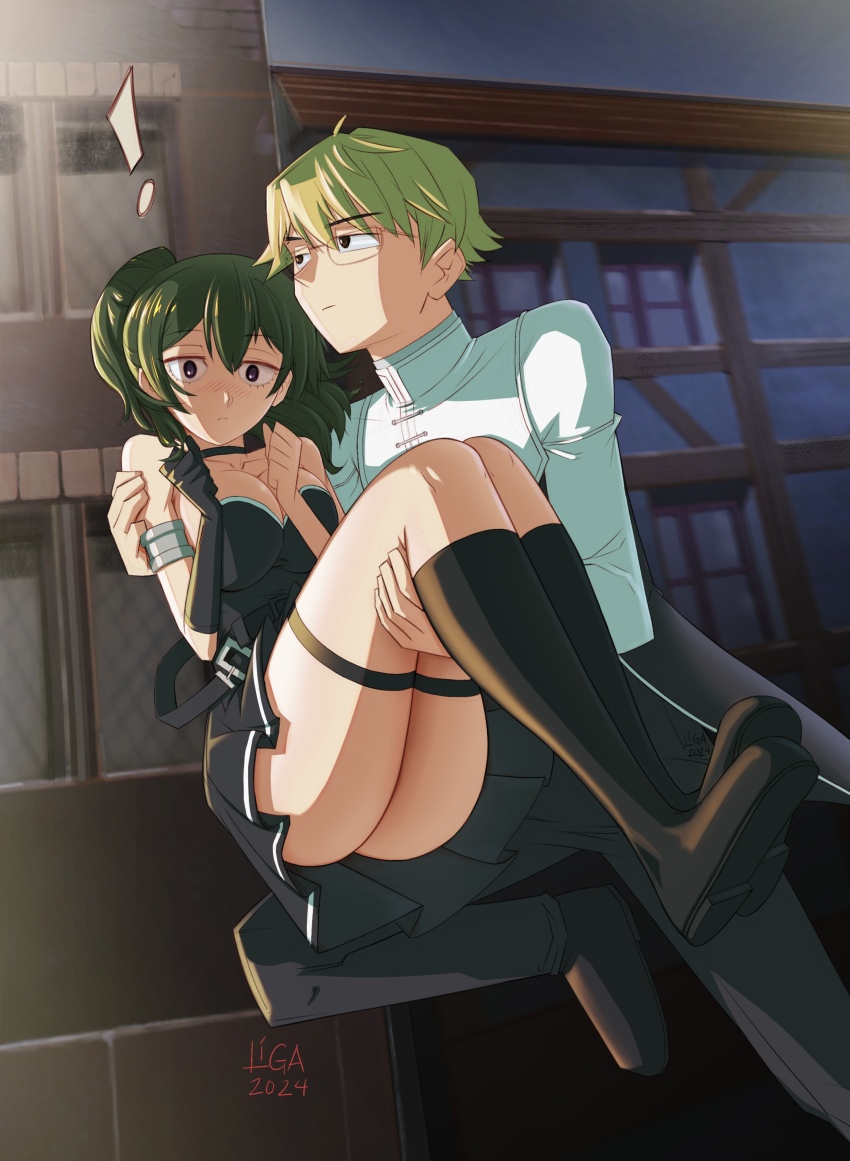 !, 1boy, 1girl, absurdres, armlet, artist_name, black_dress, black_footwear, black_gloves, black_pants, blonde_hair, blush, boots, breasts, carrying, choker, closed_mouth, commentary, dated, dress, english_commentary, frown, glasses, gloves, green_hair, hetero, highres, inisipis, jacket, jewelry, land_(sousou_no_frieren), long_sleeves, looking_at_viewer, looking_to_the_side, medium_breasts, medium_hair, night, outdoors, pants, princess_carry, purple_eyes, running, short_dress, short_hair, side_ponytail, signature, single_glove, sleeveless, sleeveless_dress, sousou_no_frieren, thigh_strap, ubel_(sousou_no_frieren), white_jacket