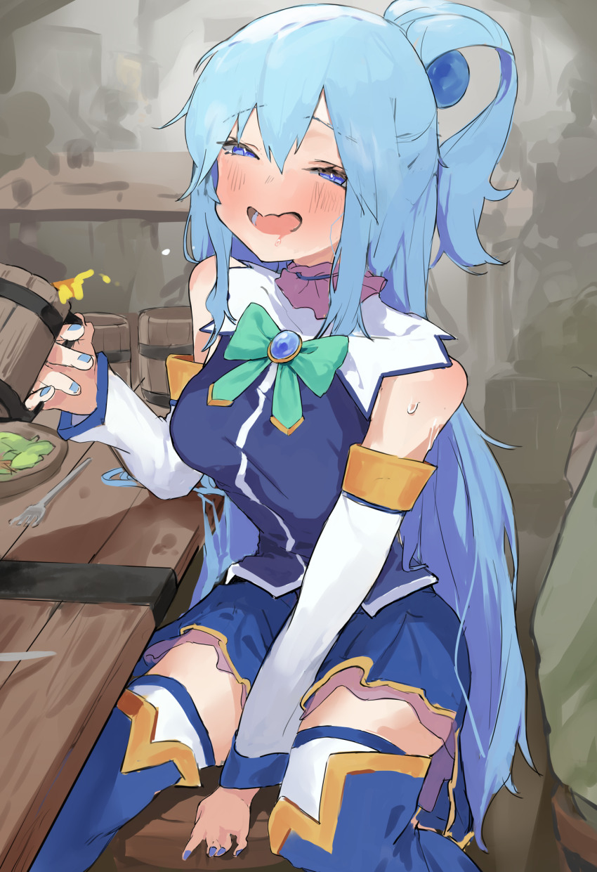 1girl, aqua_(konosuba), blue_eyes, blue_hair, blue_shirt, blue_skirt, blush, breasts