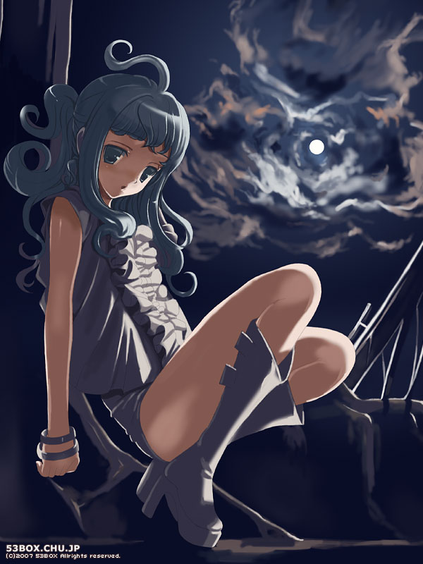boots, curly_hair, long_hair, moon, original, platform_boots, sango_(53box), sky