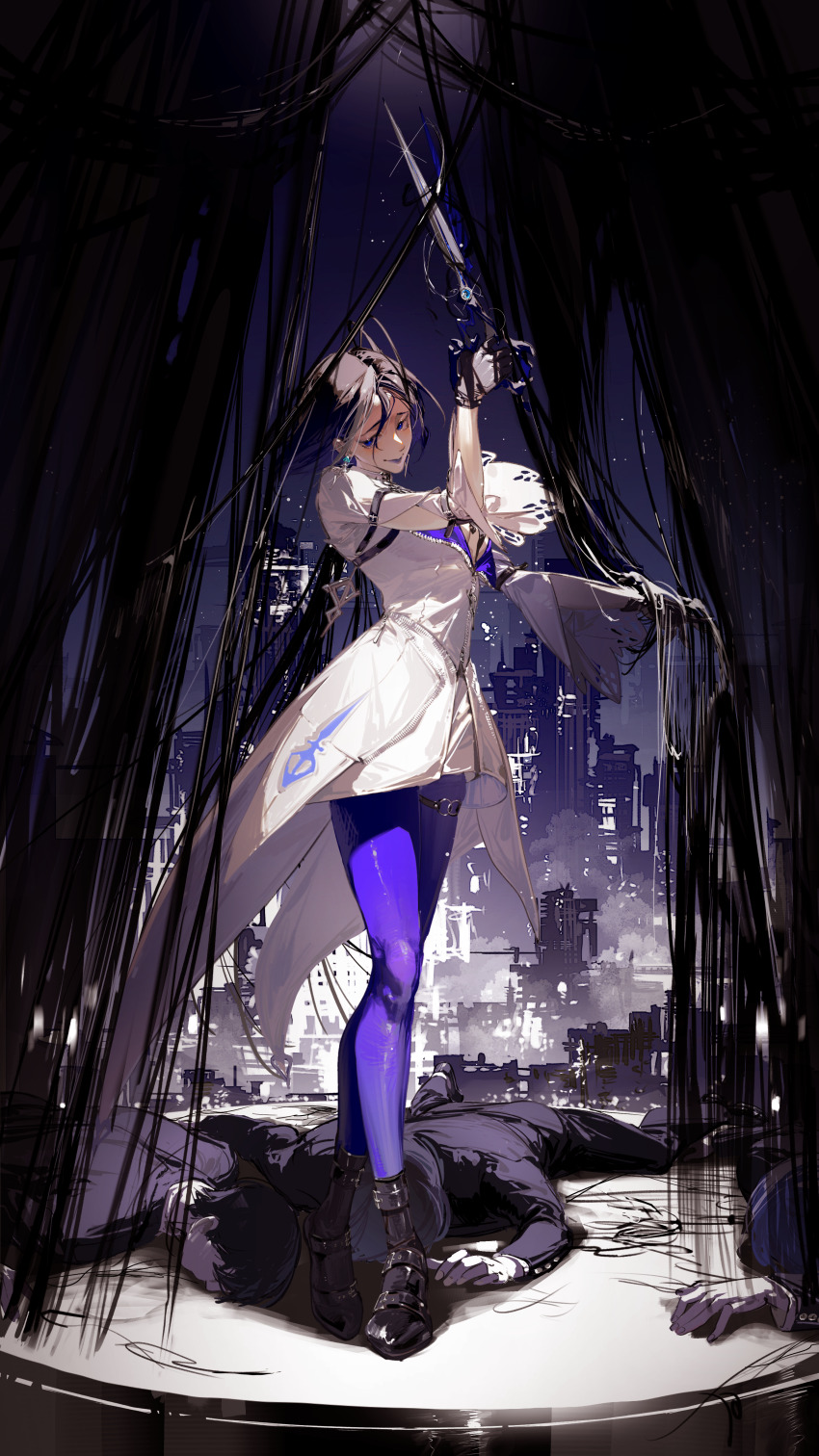 1girl, absurdres, adela_(path_to_nowhere), antenna_hair, arm_belt, black_footwear, black_hair, black_jacket