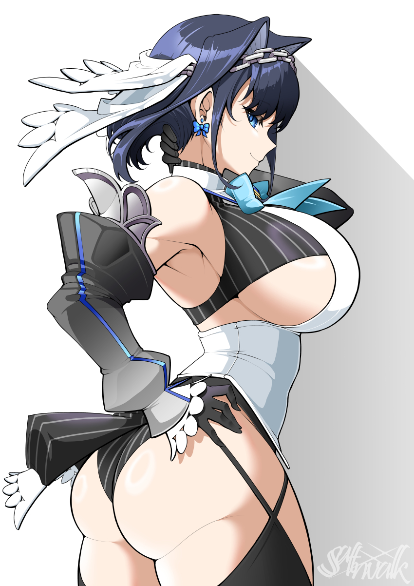 1girl, absurdres, arm_up, armpits, ass, black_gloves, black_hair, black_thighhighs