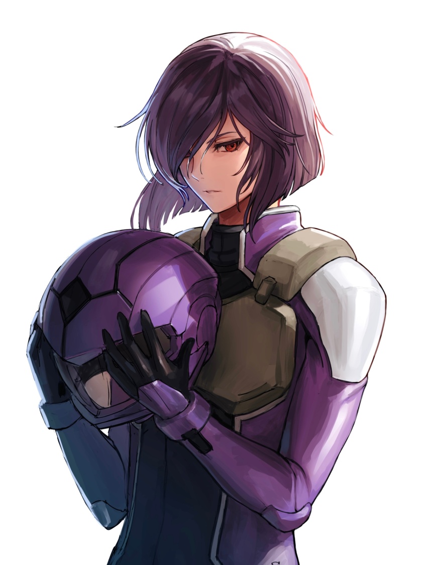 1girl, absurdres, black_bodysuit, black_gloves, blunt_ends, bodysuit, bodysuit_under_clothes, bushi_shui_zi_ba, chest_guard, chinese_commentary, commentary_request, cosplay, expressionless, ghost_in_the_shell, gloves, gundam, gundam_00, hair_over_one_eye, helmet, highres, holding, holding_unworn_helmet, kusanagi_motoko, mecha_pilot_suit, normal_suit_(gundam), one_eye_covered, purple_hair, red_eyes, short_hair, sideways_glance, simple_background, solo, tieria_erde, tieria_erde_(cosplay), unworn_headwear, unworn_helmet, upper_body, white_background