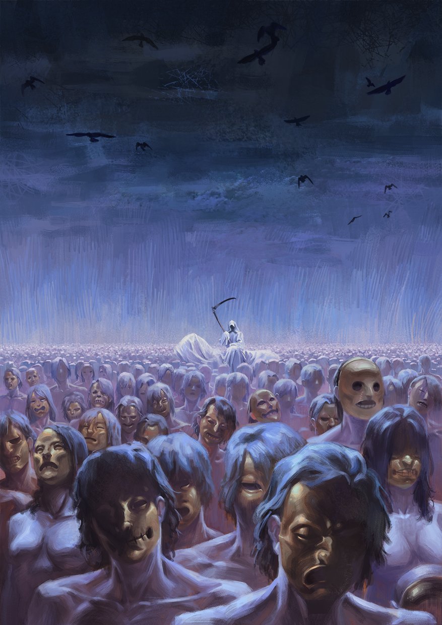 1boy, 6+others, bird, black_cloak, black_robe, breasts, christian_mythology, cloak, commentary, completely_nude, crow, crowd, death_(entity), delarave, english_commentary, gold_mask, highres, holding, holding_scythe, hood, hood_up, horseback_riding, large_breasts, long_hair, looking_at_viewer, mask, medium_breasts, medium_hair, multiple_boys, multiple_girls, multiple_others, nude, riding, robe, scythe, short_hair, weapon