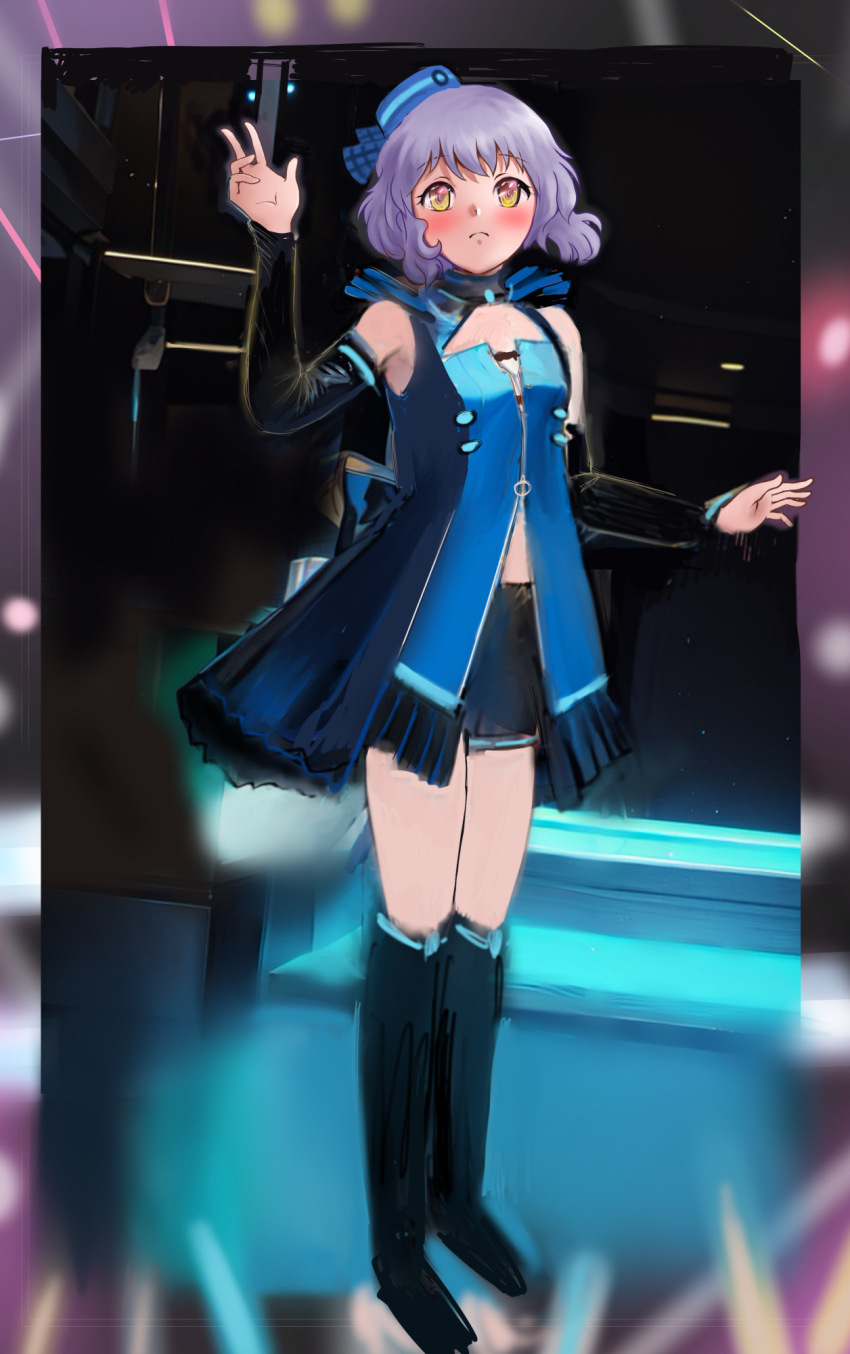 1girl, alolo, android, black_boots, black_shorts, blue_dress, blush, boots