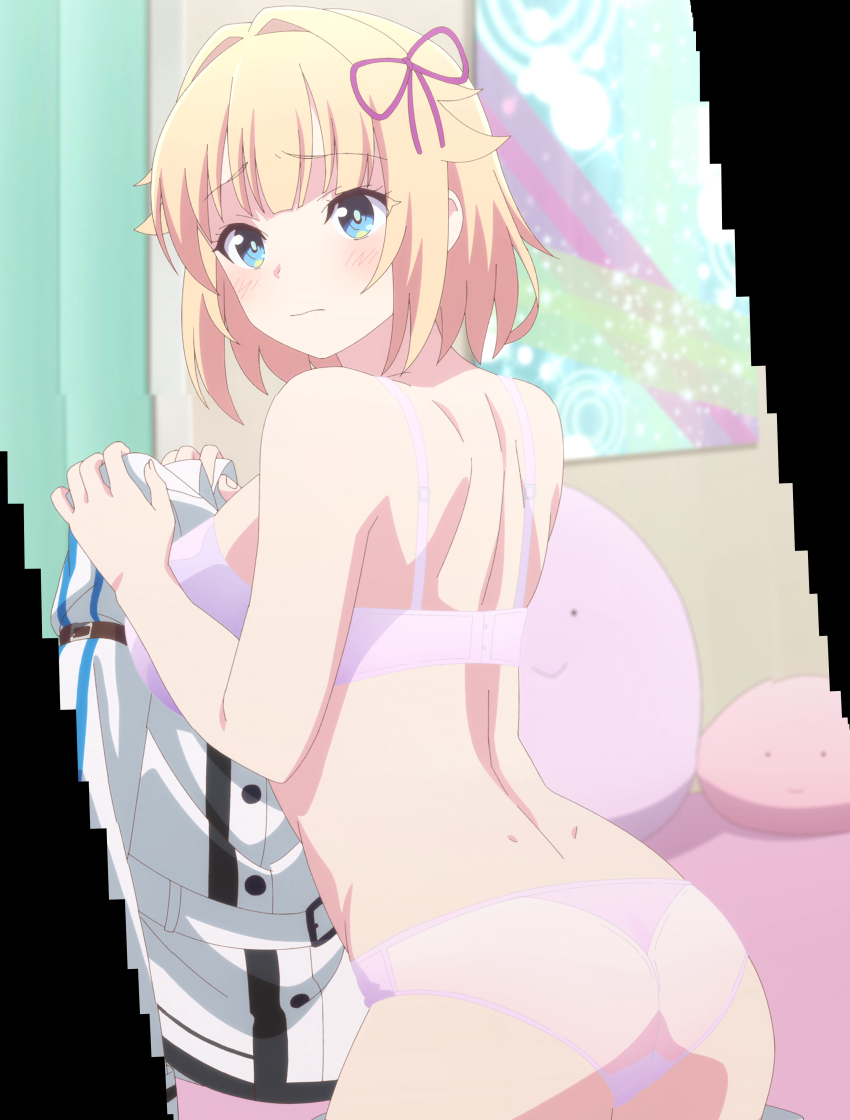 1girl, absurdres, anime_screenshot, ass, back, blonde_hair, blue_eyes, blush, bra, breasts, hair_ribbon, highres, indoors, interior, kami_wa_game_ni_ueteiru, large_breasts, panties, pearl_diamond, pink_bra, pink_panties, ribbon, short_hair, sidelocks, stitched, thighs, third-party_edit, underwear