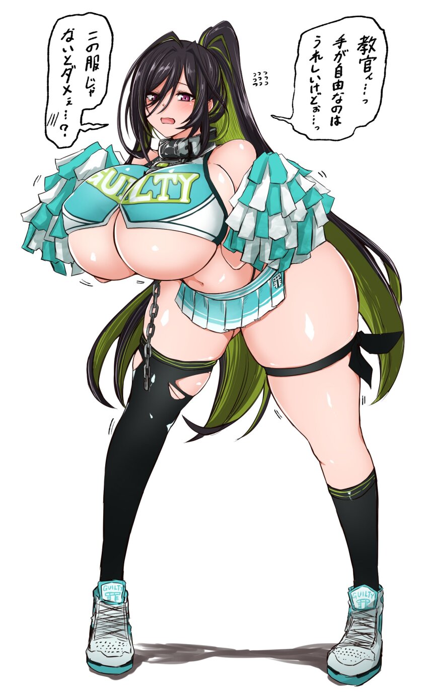 1girl, alternate_costume, black_socks, black_thighhighs, blush, breasts, brown_hair, chain