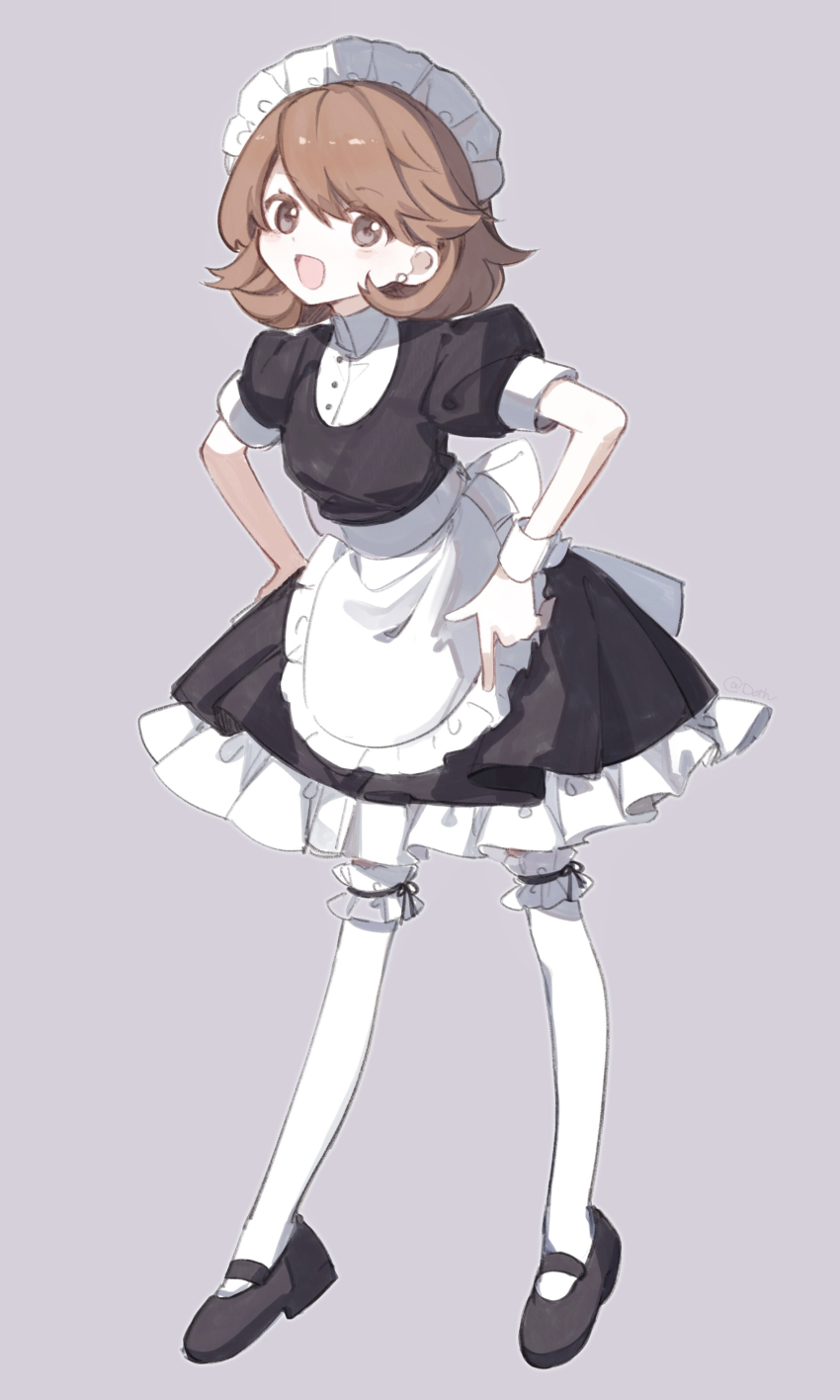 1girl, absurdres, apron, black_dress, black_shoes, brown_eyes, brown_hair, collared_shirt