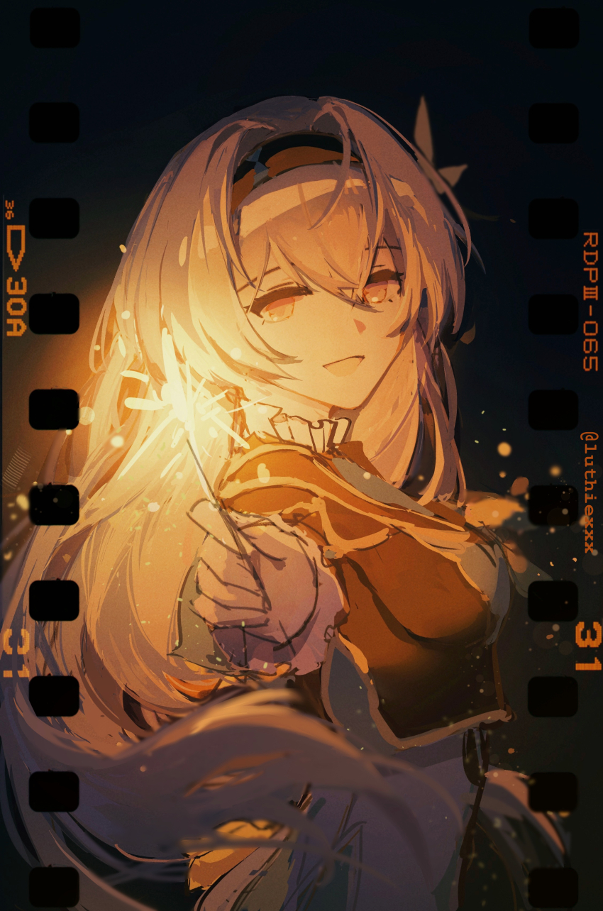 1girl, absurdres, black_hairband, black_jacket, commentary_request, cropped_jacket, dark, fake_screenshot