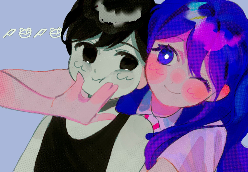 1boy, 1girl, arms_at_sides, bare_arms, bare_shoulders, black_eyes, black_hair, black_tank_top