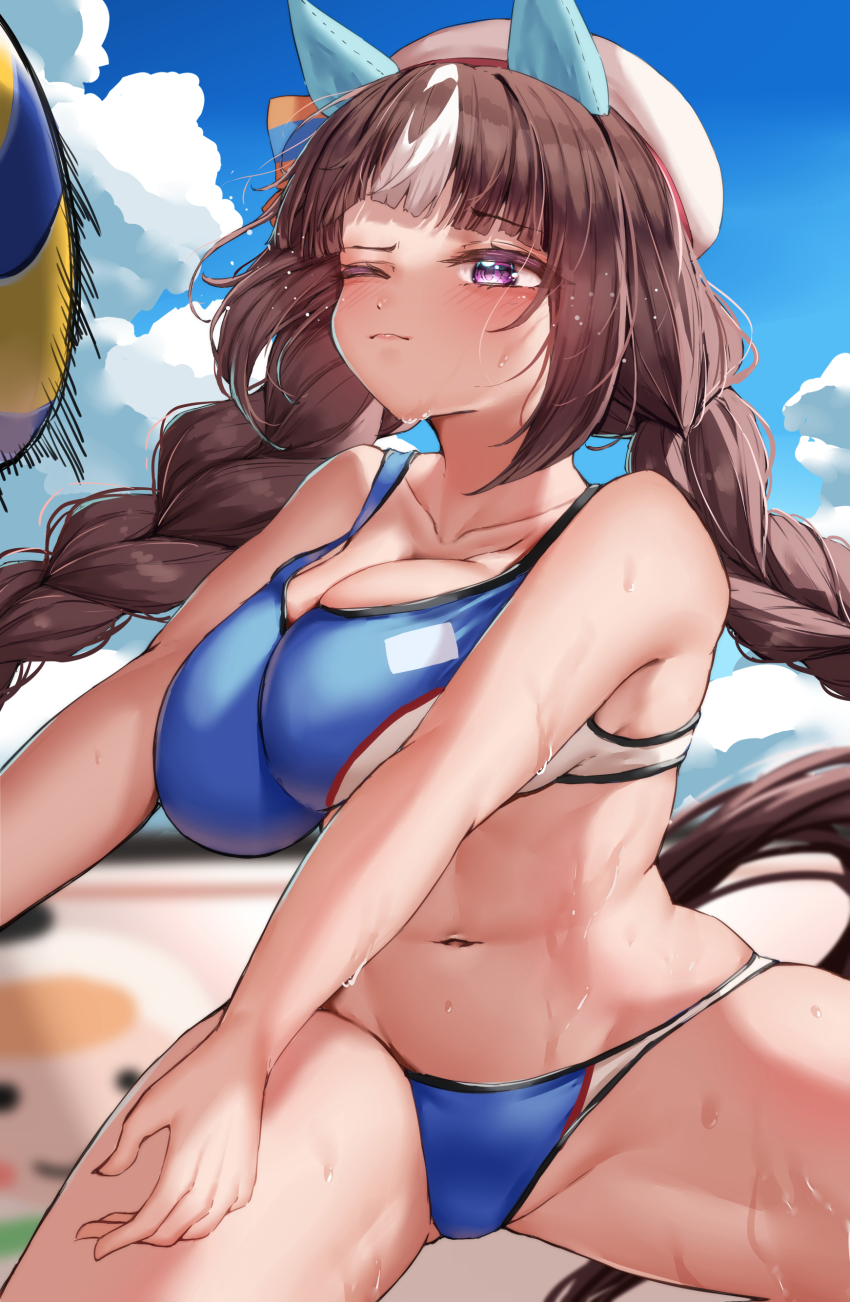 1girl, absurdres, beach, beach_volleyball, beret, bikini, black_hair, blunt_bangs