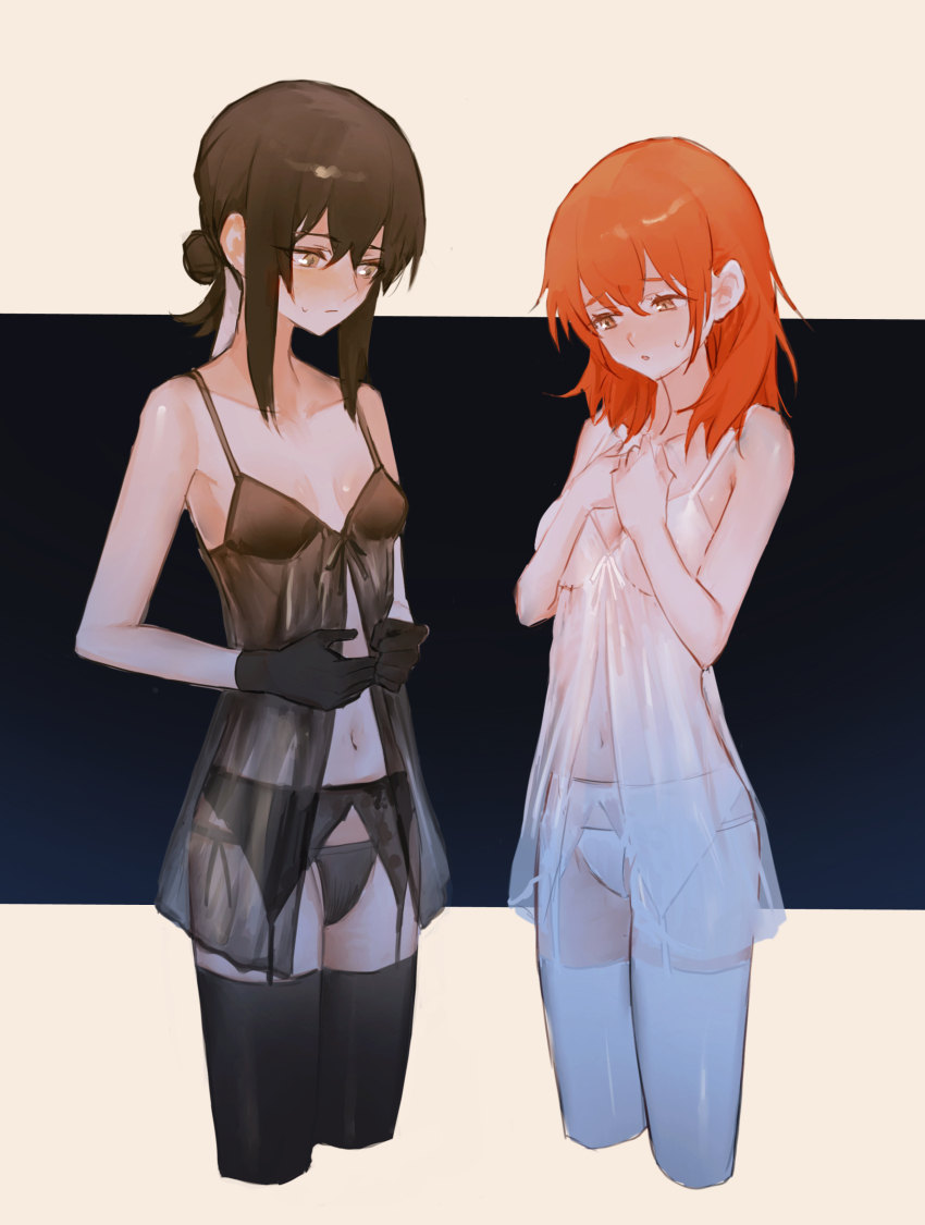 2girls, absurdres, babydoll, black_babydoll, black_background, black_gloves, black_hair, black_panties