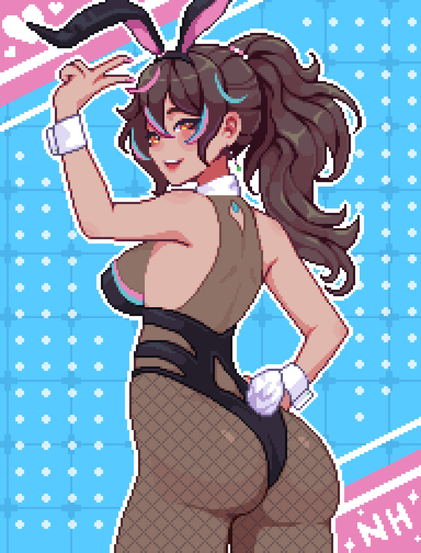 1girl, absurdres, animal_ears, ass, breasts, brown_hair, earrings, fake_animal_ears