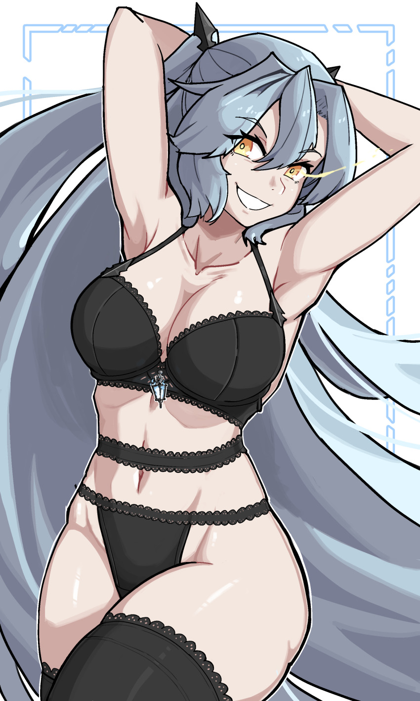 1girl, absurdres, arbiter_the_hermit_ix_(azur_lane), armpits, arms_behind_head, arms_up, azur_lane, black_panties, black_thighhighs, bra, breasts, chief_(skiwa), cleavage, collarbone, commission, grey_hair, groin, hair_between_eyes, highres, lace, lace-trimmed_bra, lace-trimmed_panties, lace-trimmed_thighhighs, lace_trim, large_breasts, lingerie, long_hair, looking_at_viewer, navel, open_mouth, panties, second-party_source, siren_(azur_lane), smile, solo, stomach, thighhighs, underwear, very_long_hair, yellow_eyes