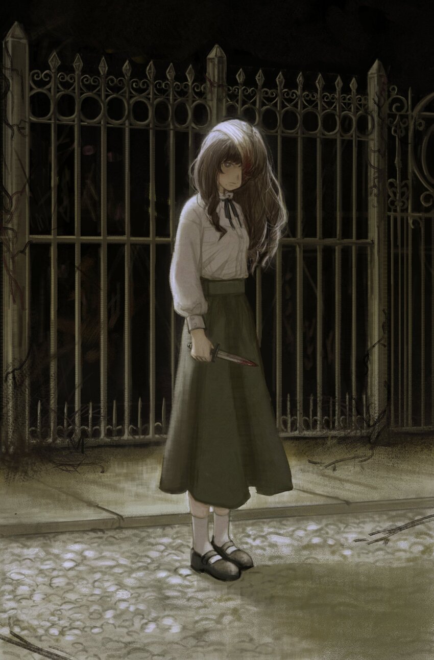 1girl, absurdres, bandage_over_one_eye, black_ribbon, black_shoes, black_sky, blood, bloody_knife, brown_hair, closed_mouth, cobblestone, face_piercing, fear_&amp;_hunger, fear_&amp;_hunger_(series), fear_&amp;_hunger_2:_termina, fence, frilled_shirt_collar, frills, full_body, highres, holding, holding_knife, knife, long_hair, long_skirt, long_sleeves, looking_at_viewer, marina_(fear_&amp;_hunger), mary_janes, monlopolo, mouth_piercing, piercing, ribbon, sepia, shirt, shirt_tucked_in, shoes, skirt, sky, socks, solo, standing, white_shirt, white_socks