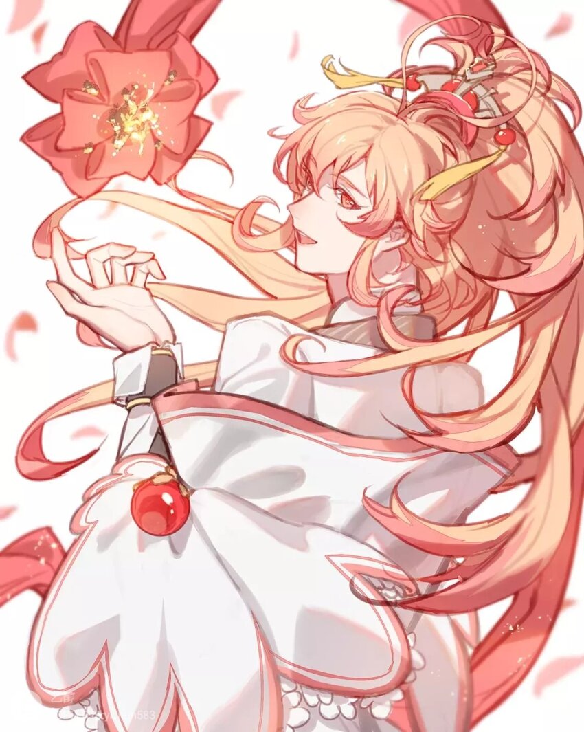 1boy, :d, antenna_hair, chinese_clothes, cloak, colored_tips, falling_petals, frills