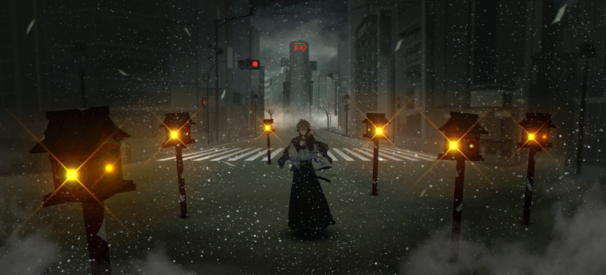 1boy, antique_phone, bare_tree, black_cape, black_hakama, black_shirt, brown_hair, building