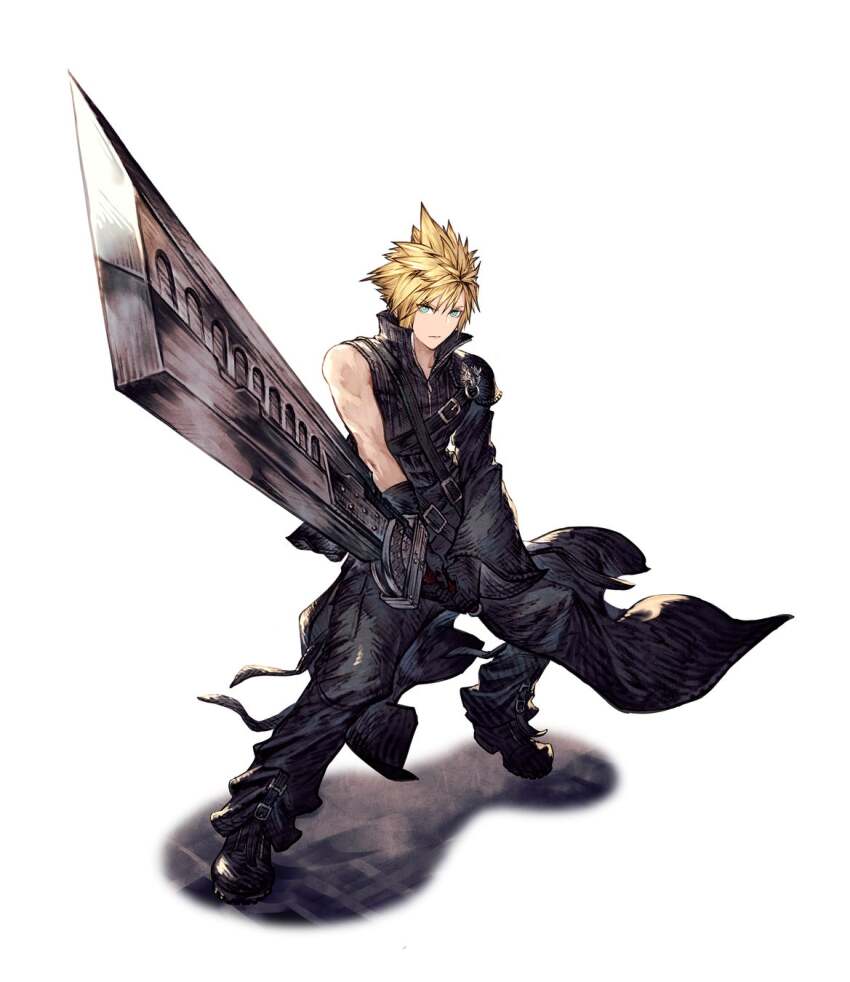 1boy, black_gloves, blonde_hair, blue_eyes, cloud_strife, fighting_stance, final_fantasy, final_fantasy_brave_exvius