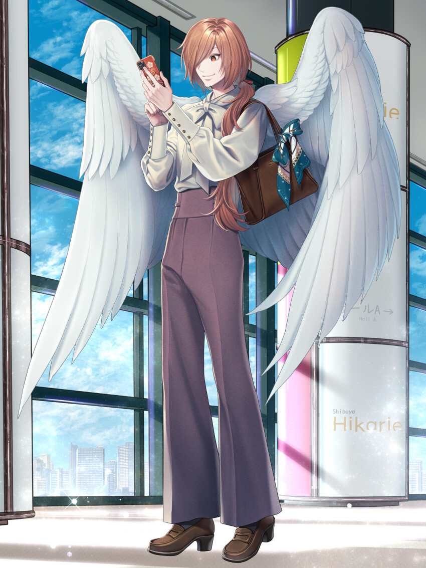 1boy, a_hubert, angel_wings, bag, bell-bottoms, blue_bow, bow, bowtie