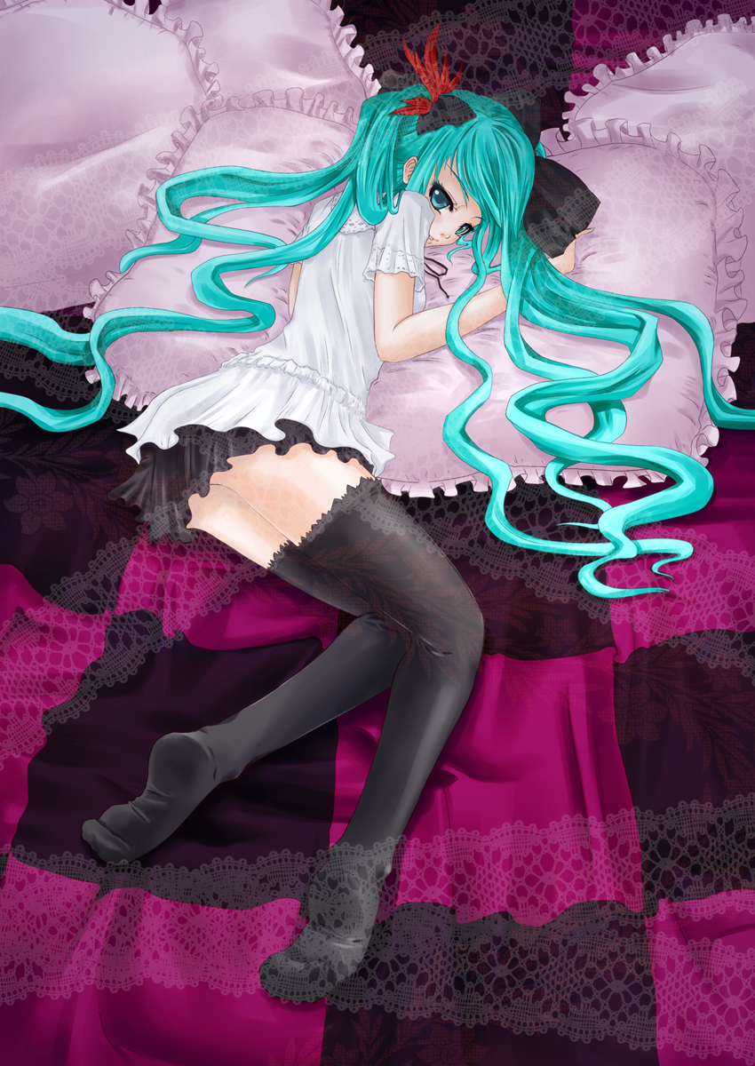 1girl, aqua_eyes, aqua_hair, female_focus, frilled_pillow, frills, full_body, hatsune_miku, highres, kanata_ryou, long_hair, lying, pillow, skirt, solo, thighhighs, twintails, very_long_hair, vocaloid, world_is_mine_(vocaloid)