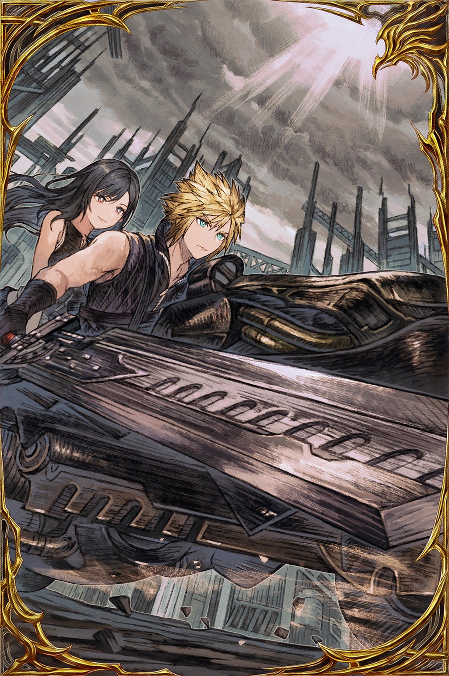 1boy, 1girl, black_gloves, black_hair, blonde_hair, blue_eyes, border, city