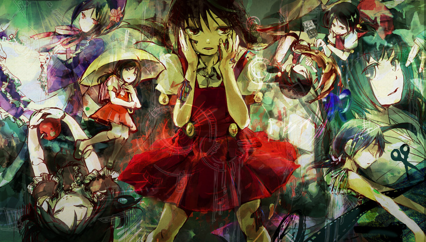 6+girls, alternate_costume, apple, ascot, backpack, bag, black_hair, brown_hair