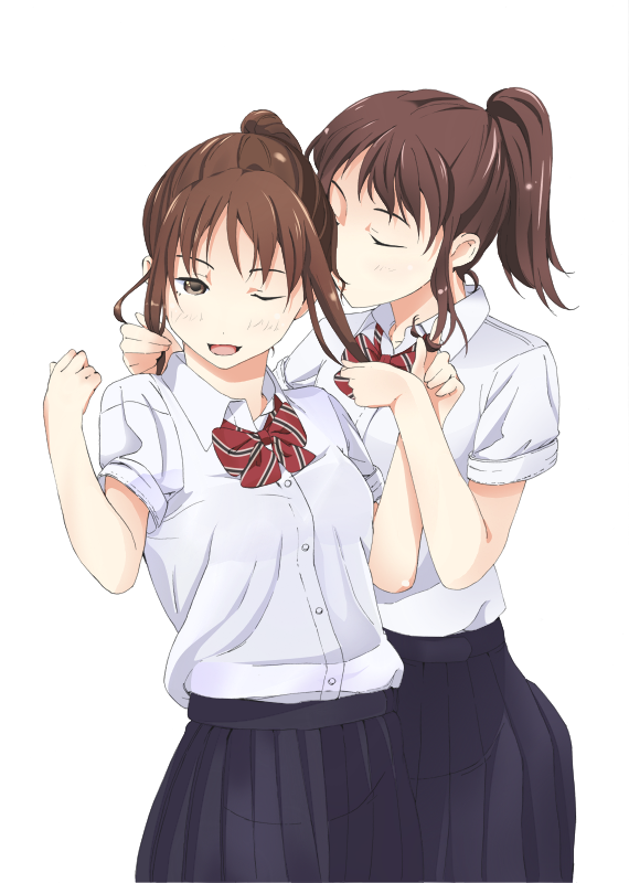 2girls, brown_hair, closed_eyes, kajiki, mouth_hold, multiple_girls, original, ponytail